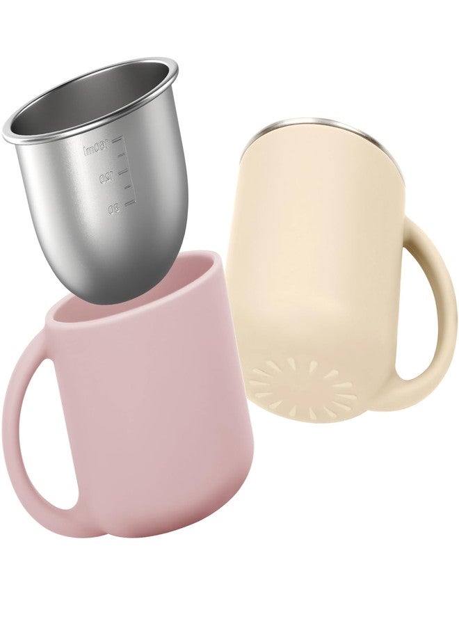 Bakpoco 2-IN-1 Open Baby Cups, Stainless Steel Tiny Cup + Silicone Training Cup for Toddlers Kids Babys, No Plastic Taste | No Soap Smell | Shock-proof BLW Feeding Essentials, 2-Pack, Blush/Beige - Image 1